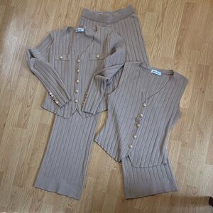 3 piece Tan Ribbed Knit Cardigan and Vest Set